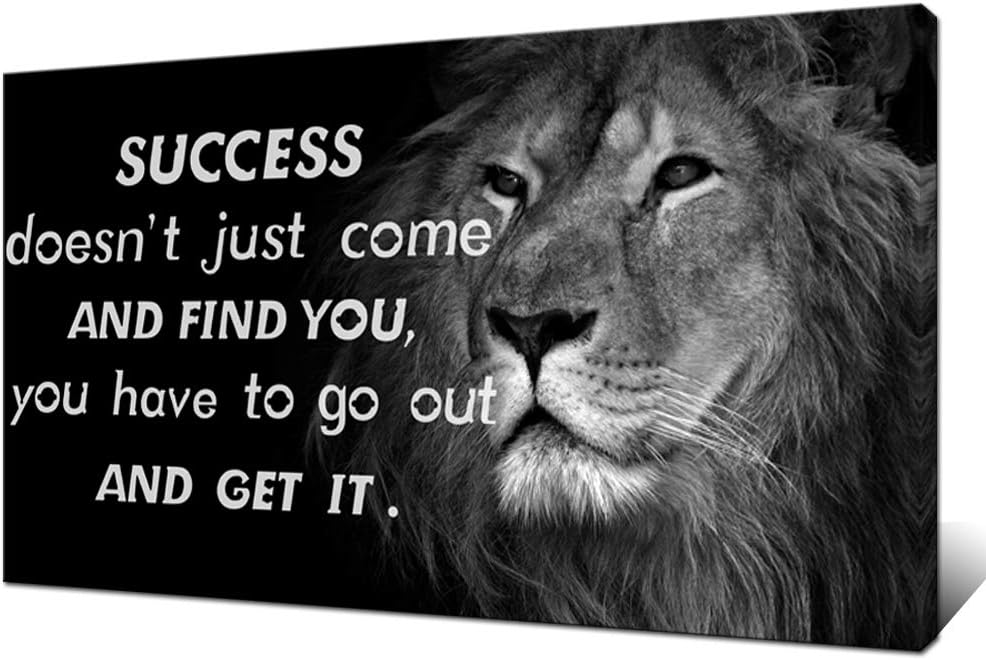 Artsbay Lion Canvas Wall Art Animal Painting Picture Motivational Success Quote Poster Print Black and White African Wildlife Artwork Print Framed for Office Living Room Decoration