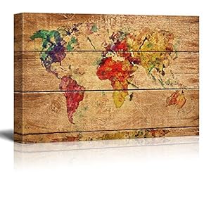 Abstract Colorful World Map on Vintage Wood Background