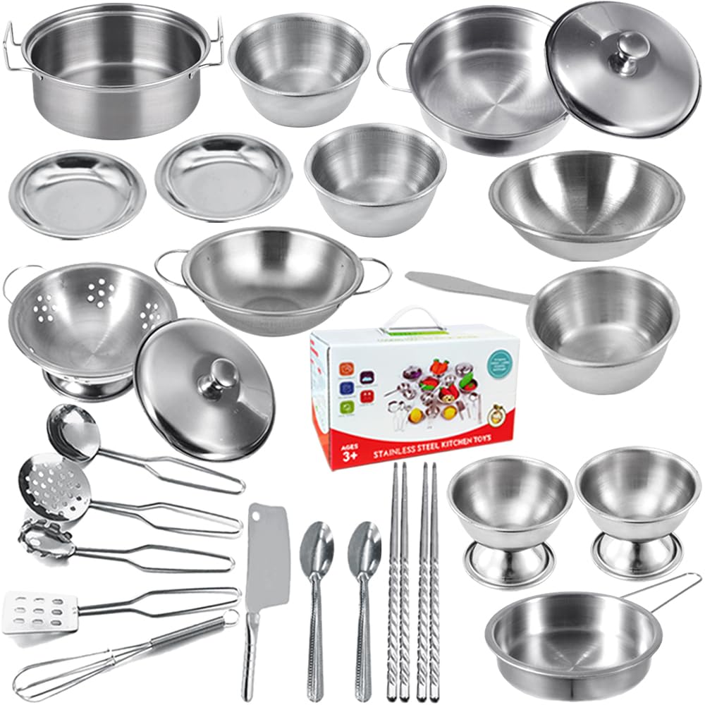 Kids Kitchen Play Toy Accessories Cooking Utensils Set 25 Pieces Stainless Steel Kitchen Toys Pretend Play Pots Pans Toy Cookware Kits for Kids Role Play Educational Toys for Toddlers Small Size