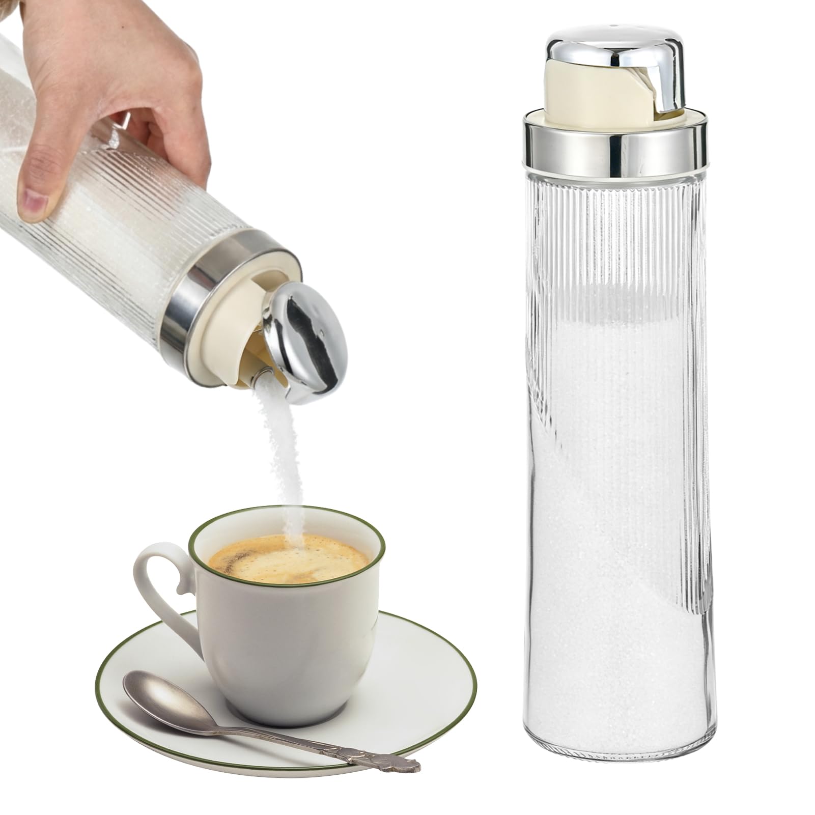 Photo 1 of 2 PCS 20 OZ Large Glass Sugar Dispenser with Pour Spout Large Capacity Glass Jars for Sugar Coffee Sugars Container Non-slip Ribbed Design Food-Grade for Salt Tea Coffee Station Kitchen Baking, Silver