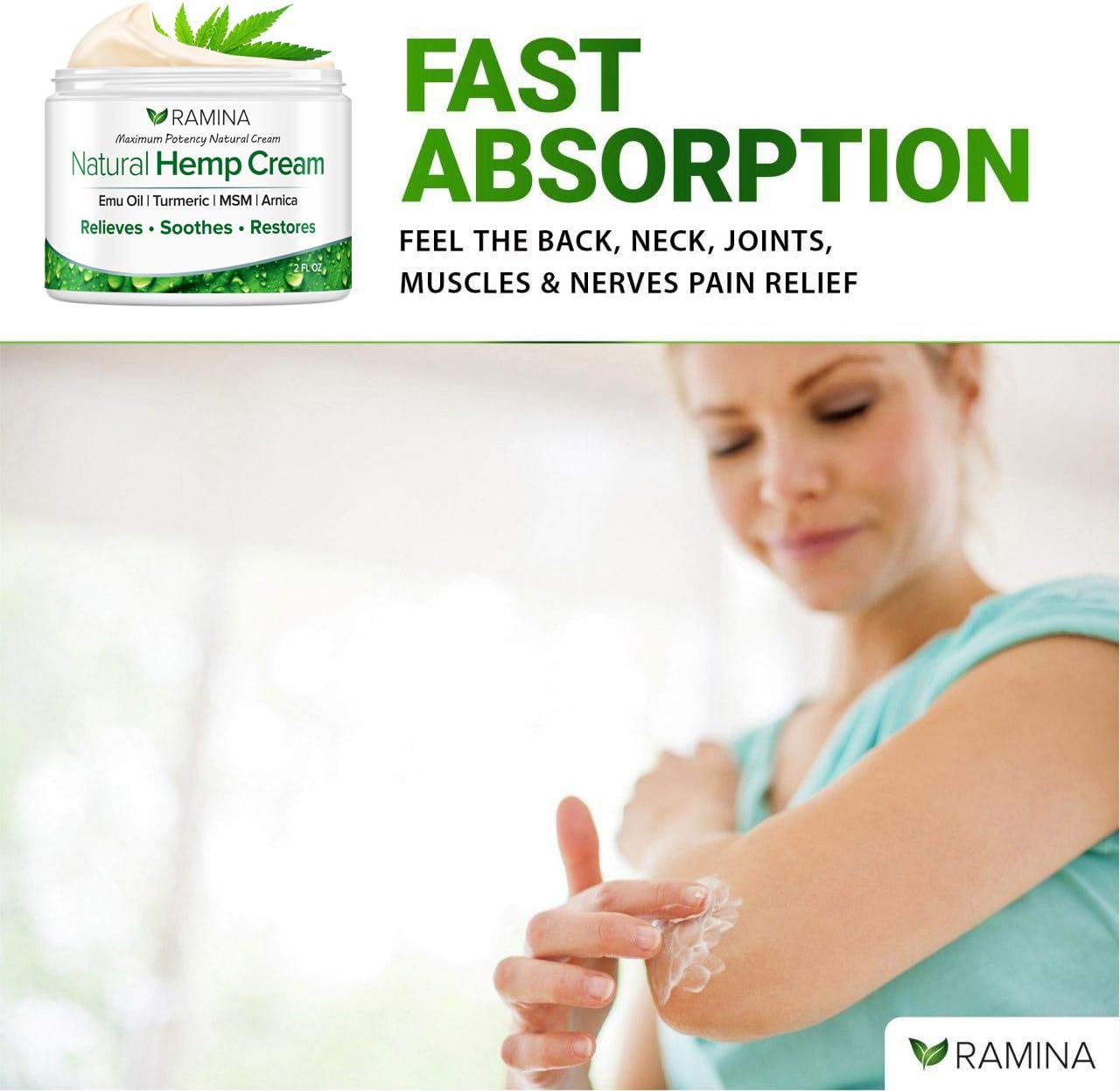Ramina Natural Hemp Extract Pain Relief Cream - Made in USA - Potent Turmeric, MSM & Arnica - Relieves Inflammation, Muscle, Joint, Back, Knee, Nerves & Arthritis Pain - Non-GMO - 2 fl. oz: Health & Personal Care