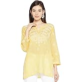 Ada Hand Embroidered Indian Chikankari Straight Cotton Tunic Top Kurti Shirt for Women A509732 (Yellow, 3X-Large)