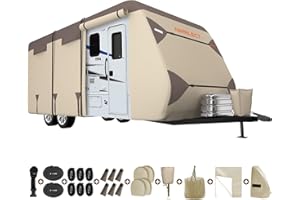 Narelect RV Cover Travel Trailer Cover, Extra-Thick Upgraded 7 Layers Top Windproof Camper Cover for 35-38ft, Anti-UV RV Cover Toy Hauler Cover with Tire Cover Gutter Cover