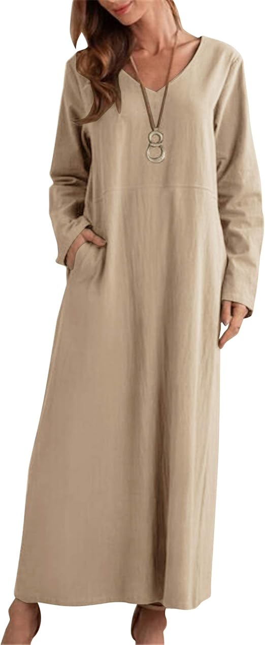 Plus Size Women Boho Cotton Long Sleeve Maxi Dress Casual O Neck Long Sleeves Shirt Dress Solid 