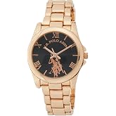 U.S. Polo Assn. Women's Rose Gold Watch with Black Dial and Roman Numerals &ndash; Analog Quartz Timepiece with Polished Link Bracelet Fits Wrists 5.5"-8" in Gift-Box