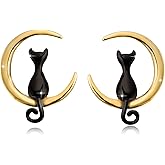925 Sterling Silver Cat Moon Stud Earrings Gold Moon Earrings Black or Silver Cat Earrings for Women Cute Animal Earrings Jewelry Gifts for Birthday Christmas