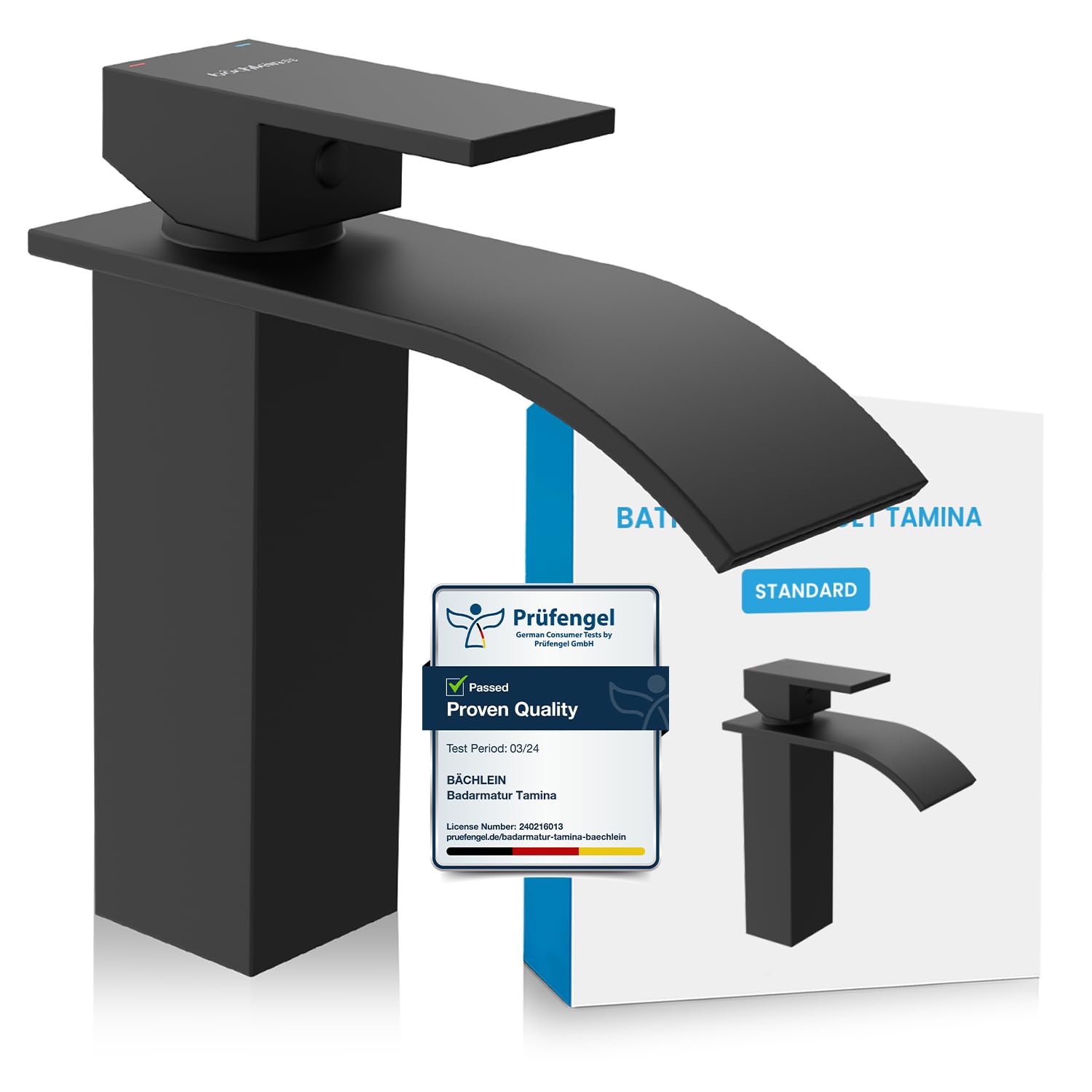 Bächlein Bathroom Tap Tamina in Waterfall Design, Single-Lever Mixer with Durable Ceramic Cartridge and Installation Set, Matt Black Bathroom Faucet — image 1