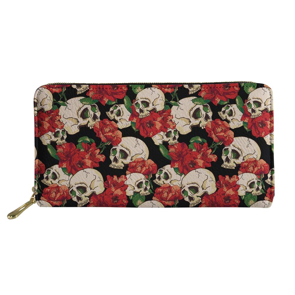 Biyejit Red Floral Skull Purse Wallet Leather Zip Phone Clutch Ladies Travel Coin Purse