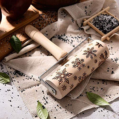 Christmas Wooden Rolling Pins Engraved Embossing Rolling Pin with Christmas Deer snowflake Pattern Christmas Theme Baking Embossed Cookies Noodle Biscuit Fondant Cake Carved Decorative Kitchen Tool - Thumbnail 2