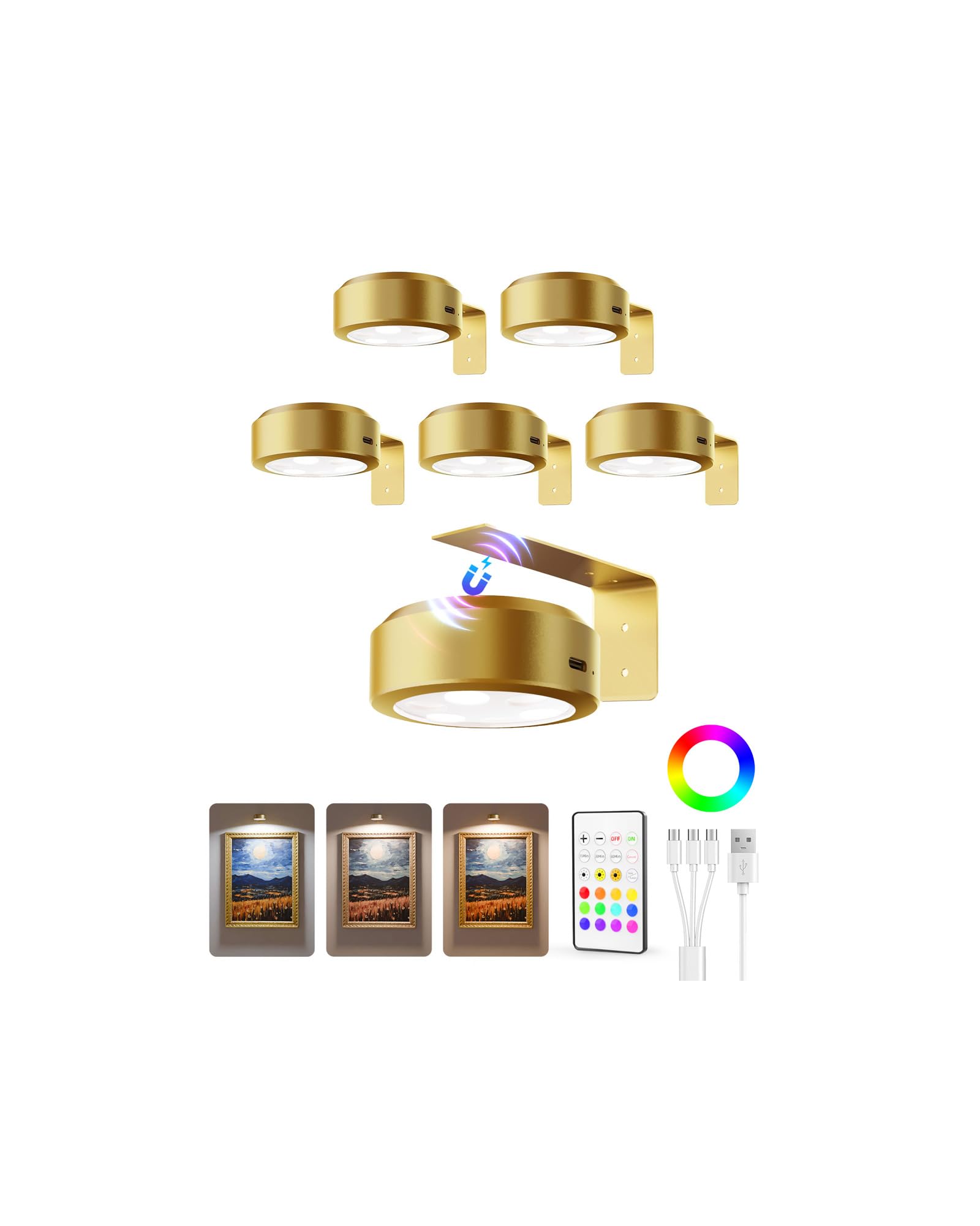Photo 1 of EZVALO Picture Lights for Wall, 2000mAh Rechargeable Battery Magnetic Poster Lights with 3 Color Temps & 12 RGB, Remote Dimmable Timer Painting Light, Wall Decor Light for Art Display, Frame (6 Pack)