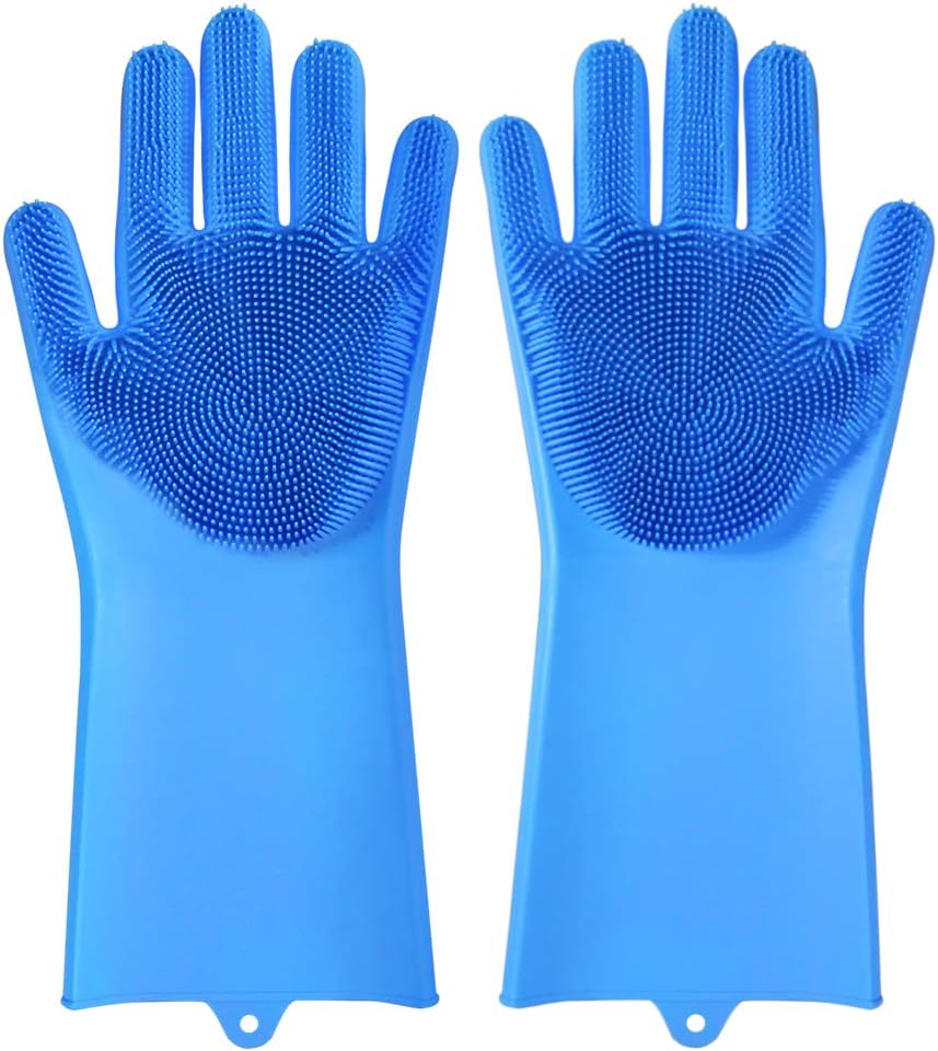 NeillieN Dishwashing Scrubber Magic Silicone Gloves, 2-in-1 Reusable Multi-Function Non-Slip Silicone Oven Gloves, Home Heat-Resistant Kitchen Tools 13.6 x 6.1 x 1" dishwashing, car wash (Blue)