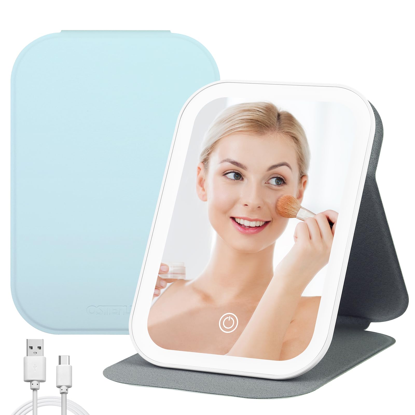 Photo 1 of osteplus Travel Makeup Mirror with Lights with 3-Colors Adjustable Brightness,6.18''x 4.13" Portable Makeup Mirror, USB Charging 600mAh with Travel Vanity Mirror with Lights for Girls by Pale Blue