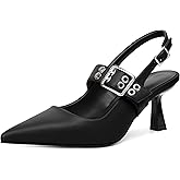 Esvowido Kitten Heels for Women Pointed Closed Toe Slingback Pumps Ankle Strap Metal Buckle Low Heels Wedding Prom Work Date Dress Shoes