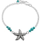ADITA GOLD 925 Sterling Silver Turquoise Bracelet - 3mm Turquoise Round Beads with Starfish Silver Charm - 16-18cm Length - December Birthstone Turquoise Jewelry for Women - Perfect for Gifting