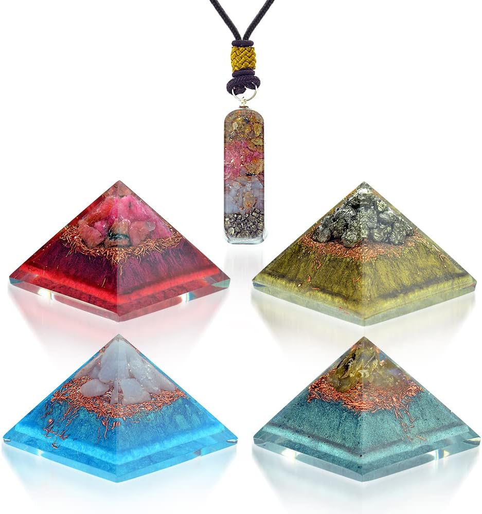 Mixed Media - Success, Love and Inner Peace Set- Portable Orgonite Crystal Mini Pyramids Travel Pack of Pyrite, Rhodonite, Labradorite, Angelite to feel motivated, balanced, grounded, calm and centered.