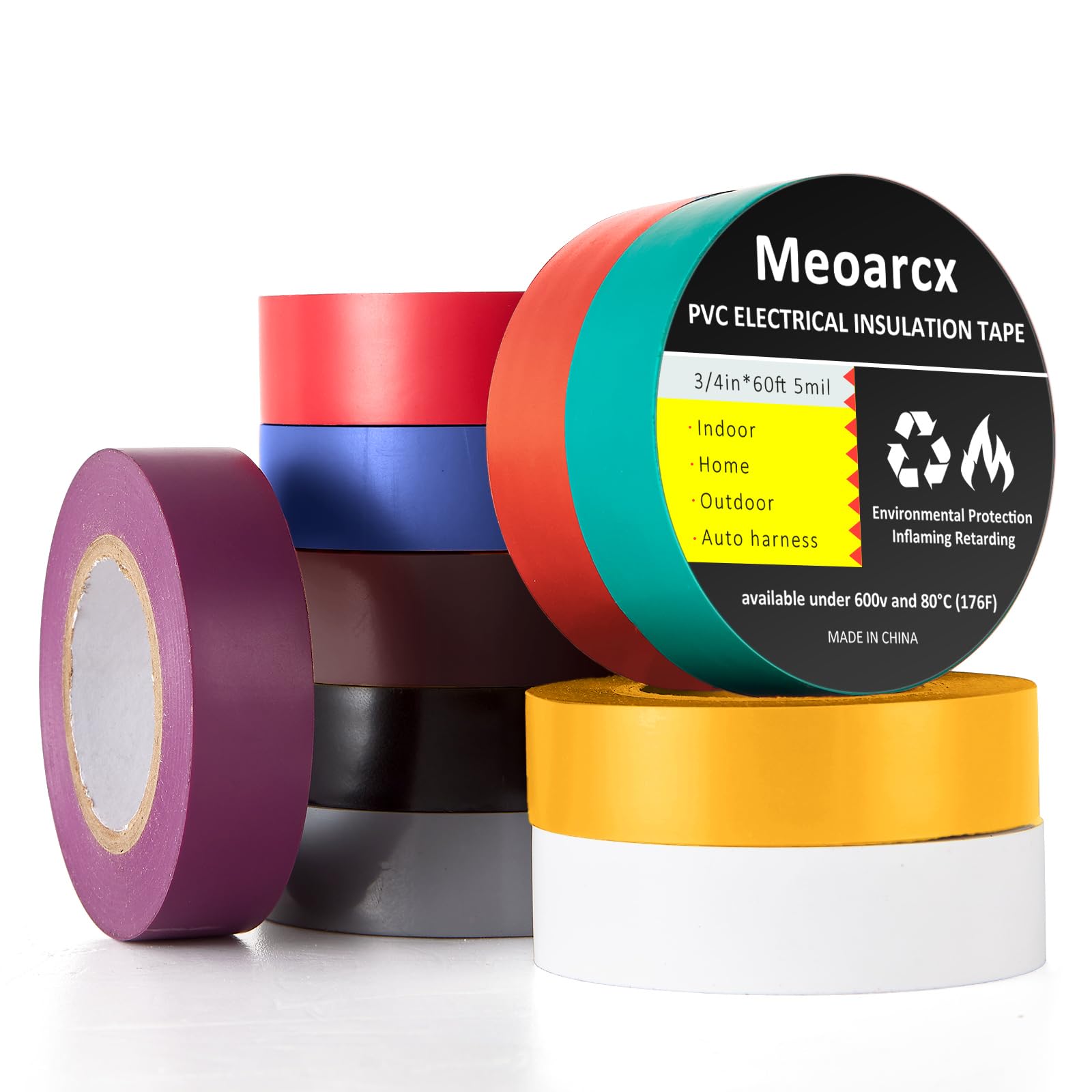 Photo 1 of Meoarcx Colored Electrical Tape Vinyl PVC-10 Pack 3/4 in x 60 Ft 5 Mil Waterproof Electric Tape Flame Retardant,Heat Resistant Insulation Tape Indoor Outdoor Wire Wrapping Rainbow Multicolor
