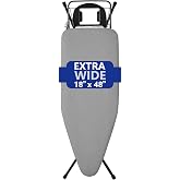 BKTD Extra-Wide Ironing Board &ndash; 48"&times;18" Large Surface (57" w/Iron Rest) &bull; Built-in Clothes Rack, Hanger &amp; Cord Holder &bull; Heat-Resistant Cover &bull; Heavy-Duty, No Wobble &bull; Adjustable Height &bull; Black Grey.