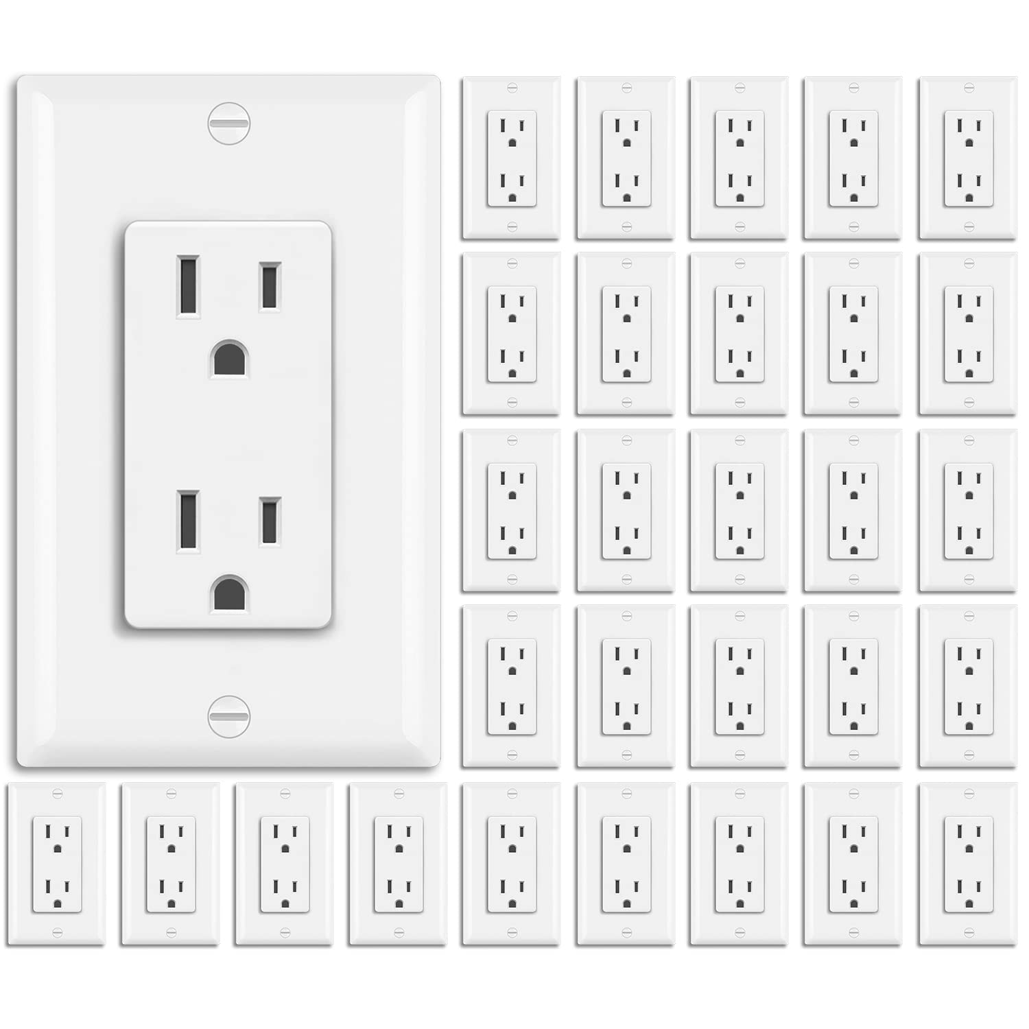 Photo 1 of BESTTEN 30 Pack 15 Amp Decorator Receptacle Outlet, Decor Standard Electrical Wall Outlet, Residential and Commercial Use, Non-Tamper-Resistant,15A/125V/1875W, Wallplate Included, UL Listed, White