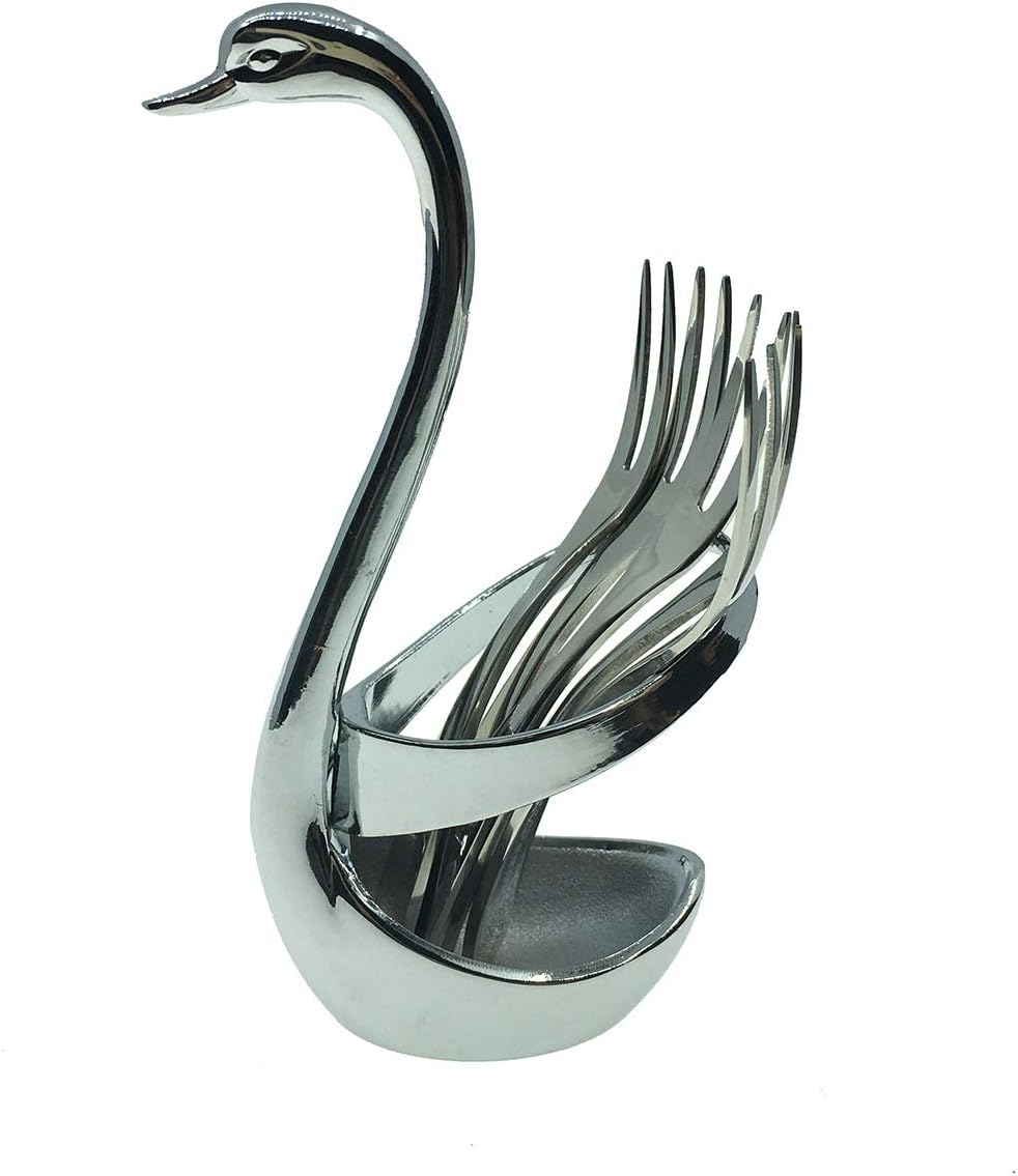304 Food Grade Exquisite Stainless Steel Fruit Fork Coffee Spoon Swan Base Setting Tableware (5 pieces fruit fork+Swan base)