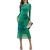 Dressystar Women’s Long Sleeve Maxi Wedding Guest Dress 2026 Spring Ruched Floral Mesh Bodycon Formal Cocktail Party Dresses