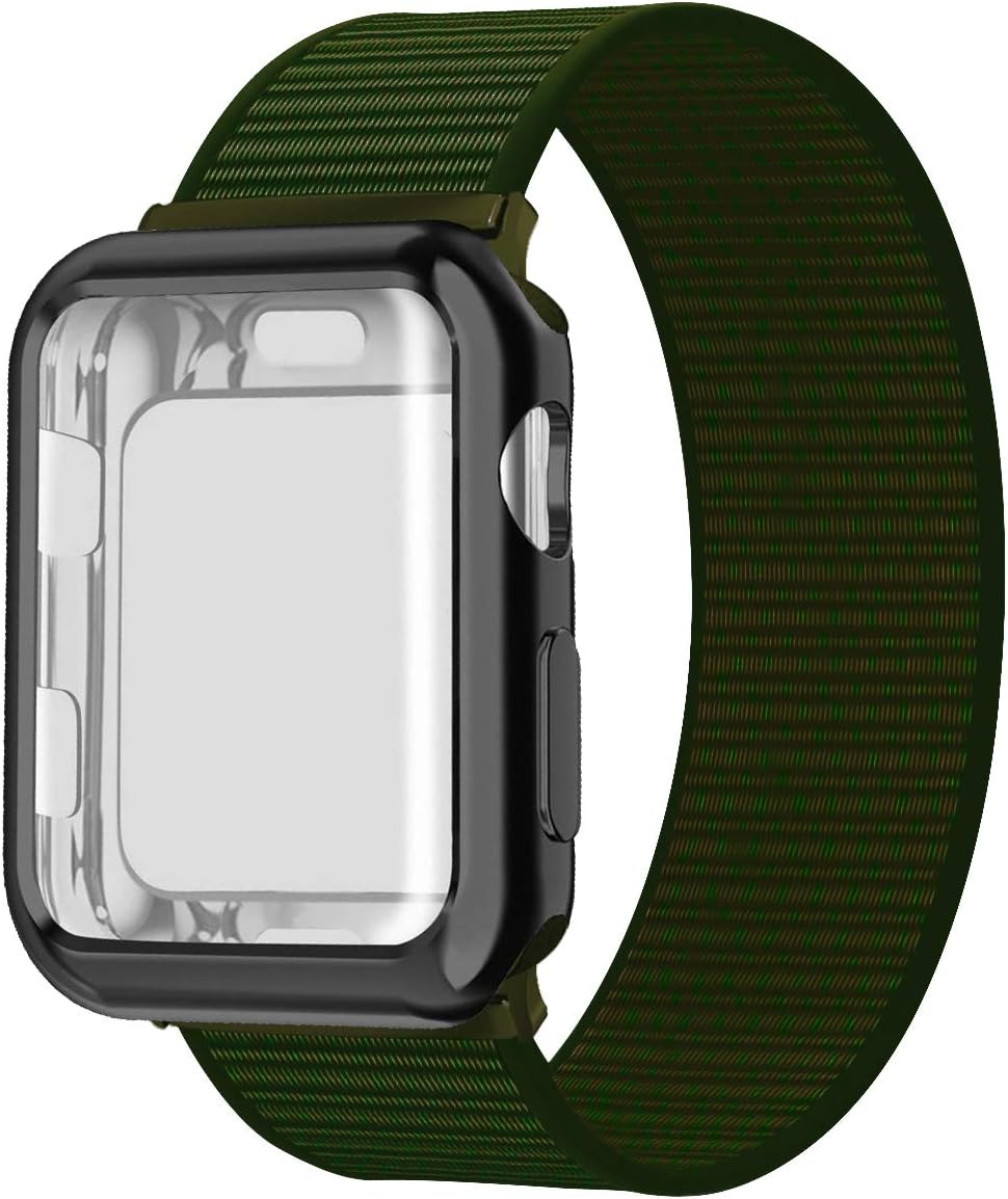 JuQBanke Compatible for Apple Watch Band 38mm 40mm 42mm 44mm iWatch Series 5 4 3 2 1 with Screen Protector Case, Sport Weave Strap with Hook and Loop Fastener Replacement Wristband