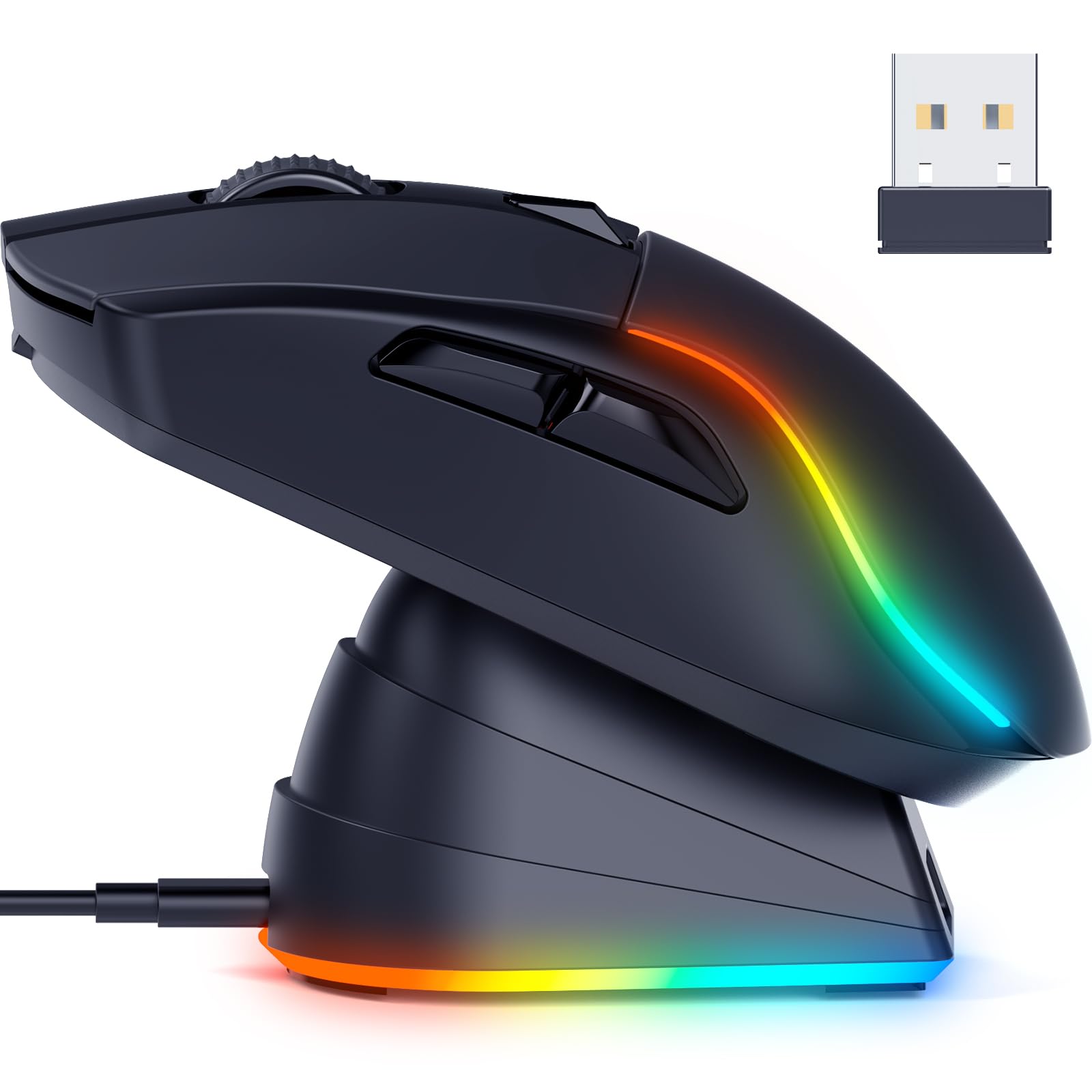RisoPhy Lightweight Wireless Gaming Mouse, 20000 DPI Wired/Wireless Mouse with RGB Charging Dock, 6 Programmable Buttons, RGB Bluetooth Mouse for PC/Mac/Laptop Gamer-Black