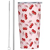 Kaireno Cherry Tumbler Fruit Insulated Tumblers with Lid Straw Reusable Pink Bow Coffee Travel Mug Tea Wine Cups Birthday Gifts for Women 20 Oz