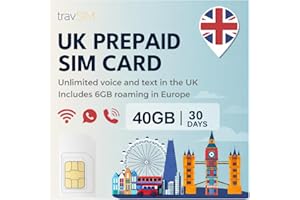 travSIM UK SIM Card | 40GB Data + Unlimited Calls & Texts in UK | 06GB Europe Roaming | Fast Prepaid Mobile Data Coverage in 