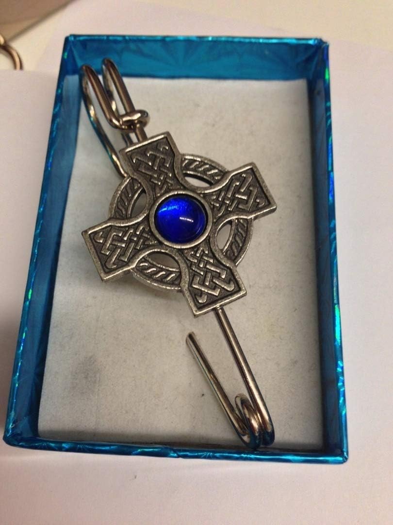 Celtic Interlaced Cross Circle BLUE Gem ICCP kilt pin Scarf or Brooch pin pewter emblem 3" 7.5 cm