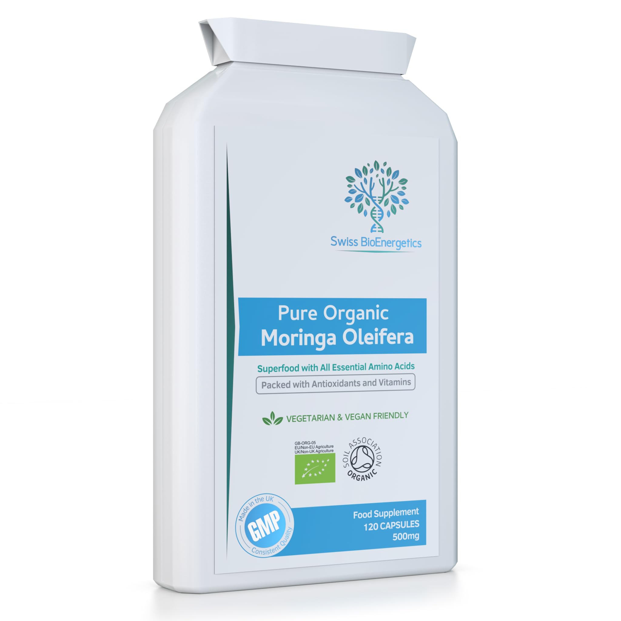 Pure Organic Moringa Oleifera 500mg 120 Capsules - no fillers or Flowing Agents - 100% Natural Soil Association Certified High Strength Superfood with All Essential Amino Acids