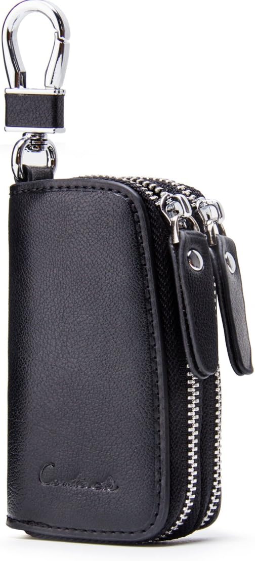 Contacts Genuine Leather Double Zipper Car Key Case Holder Wallet Key Bag