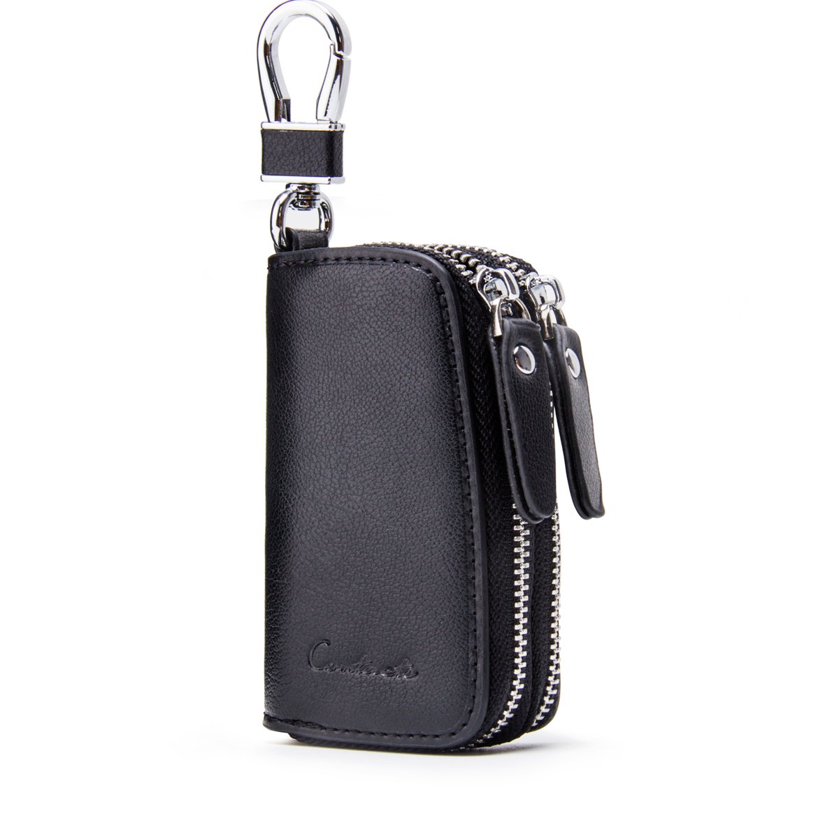 Contacts Genuine Leather Double Zipper Car Key Wallet Men Women Key Holder Organizer (Black)