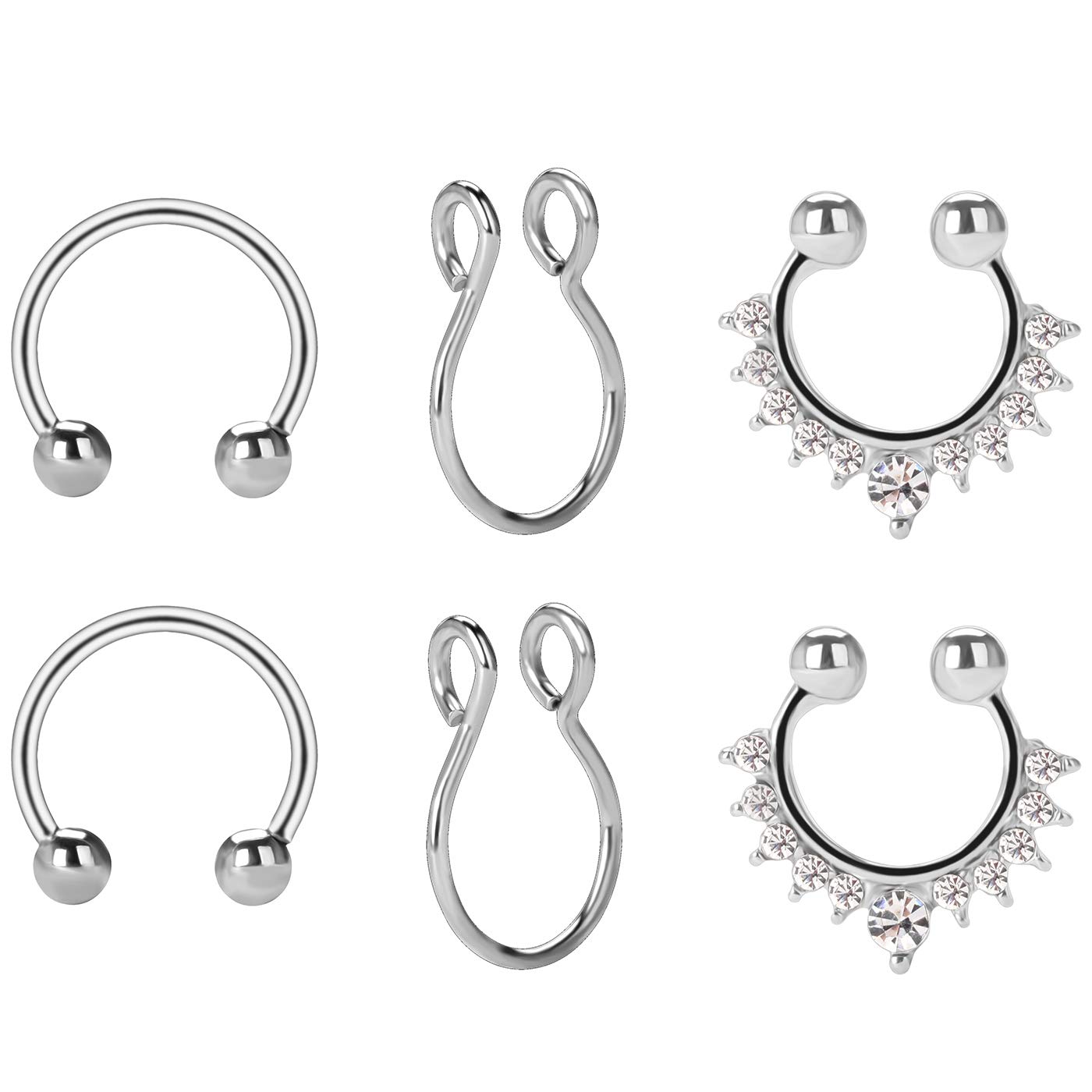 BODYA Fake Septum Rings, 6Pcs Septum Piercings Jewelry Stainless Steel Fake Nose Ring Gift for Women