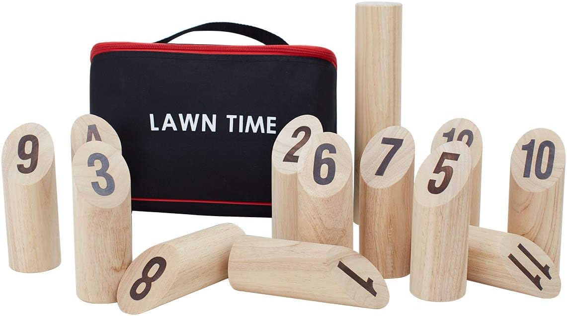 LAWN TIME Viking Bowling - Molkky - Rubberwood Viking Kubb with Carrying Bag