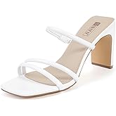IDIFU IN3 High Heels Strappy Chunky Block Heels Square Toe Three Strap Slip On Heels Comfortable Slides Heeled Sandals Sexy Wedding Party Dress Shoes Open Toe Mules Heels for Women