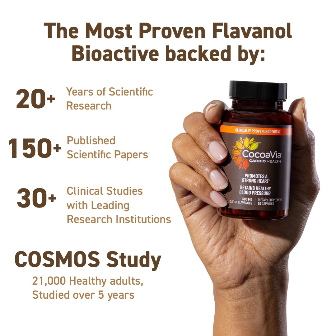 CocoaVia Cardio Health Supplement, 30 Day, 500mg Cocoa Flavanols, Support Heart Health, Boost Nitric Oxide, Blood Circulation, Energy, Vegan, Dark Chocolate, 60 Capsules