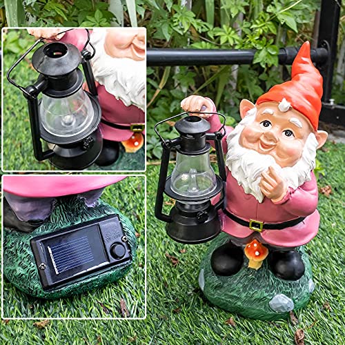 Garden Gnome Decor Outdoor Statues - Gnome Statue Holding Vintage Lantern Solar Powered Funny Outdoor Figurine Lights for Patio Yard Decorations