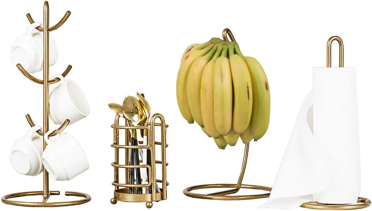 TY Storage Kitchen Organizer Set-4 Piece, Banana Hanger, Mug Tree Holder Rack, Paper Towel Holder,Flatware Caddy,Kitchen Gifts Modern Collection for Countertop Table Décor