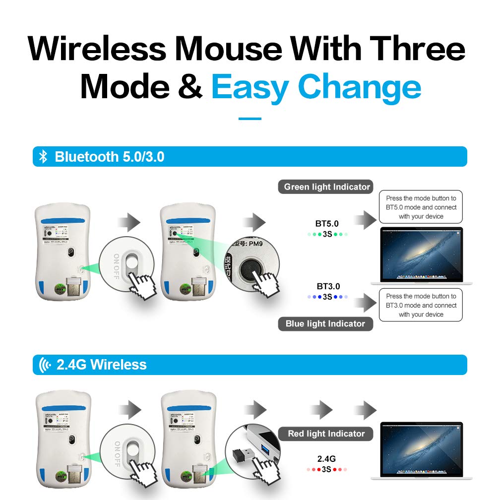 Bluetooth Mouse Rechargeable, Inphic Slim Silent Click Rechargeable 2.4G Wireless Mice 1600DPI Optical Portable USB PC Computer Laptop Cordless Mouse with Nano Receiver (Bluetooth Silver)