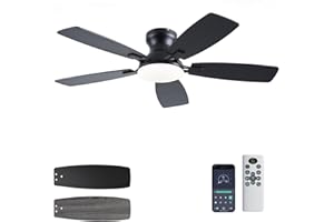 JSAITEE Ceiling Fans with Lights, 42 Inch Low Profile Ceiling Fan with Light and Remote Control, Flush Mount, DC Reversible Motor, Noiseless, Black 6 Speeds Ceiling Fan for Bedroom