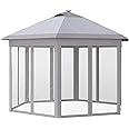 Outsunny 11' x 13' Pop up Gazebo with Netting & Solar LED Lights, Instant Portable Gazebo Shelter, Hexagonal Outdoor Canopy Tent Screen House Room with Carry Bag, Gray