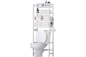 Cozivolife Over The Toilet Storage with 2 Baskets, 4-Tier Bamboo Organizer Rack with Paper Holder & 4 Hooks & Waterproof Feet Pad,Freestanding Shelf for Bathroom(White)