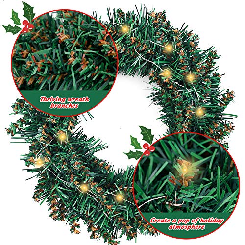 HAKACC 12 Inch Artifical Christmas Wreath with 20 Battery Lights for Front Door Decoration and Christmas Party