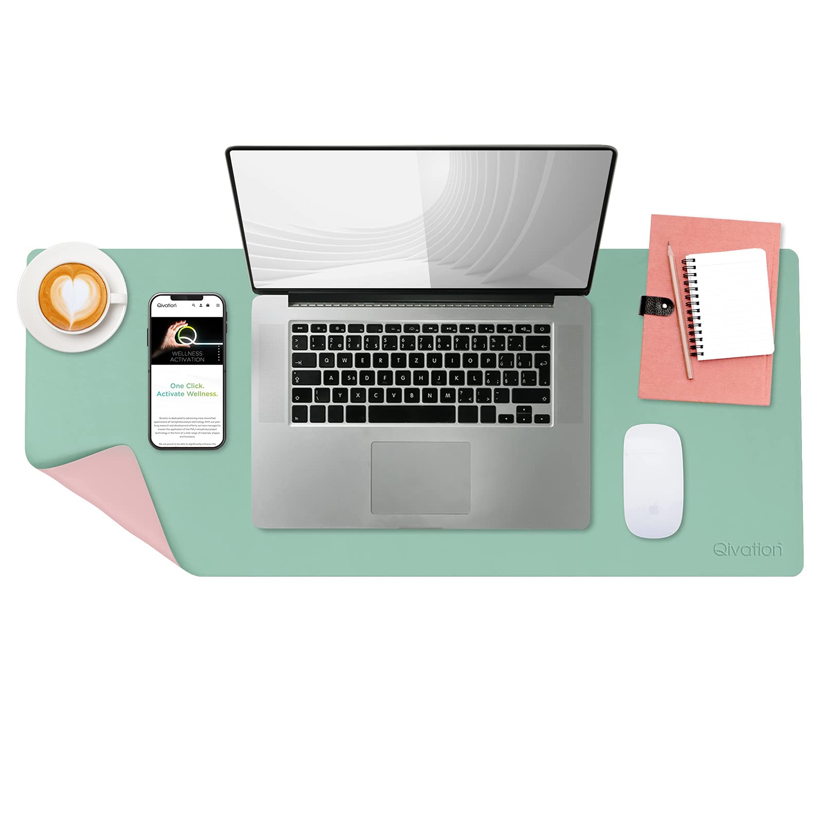 Qivation TiO2 Desk Mat Japan Tech 24/7 Air Purification, PU Leather Desk Blotter, Waterproof, Mousepad, Laptop, Office, Kids Writing, Gaming, Office and Home, Dual-Sided (40cm x 80cm)(Green & Pink)