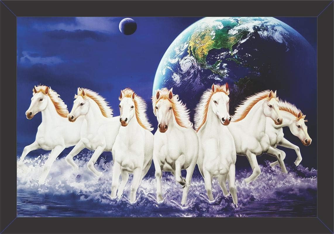 Mad Masters UV Textured Print 7 Running Horses Vastu Wall decorative Painting with frame for living room Bedroom Home (Paper)