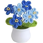 Blync Knitting Crochet Flowers Potted Plants, Fake Forget Me Not Flowers for Friends, Family and Lover, Artificial Handmade Flowers for Valentines Birthday Wedding Gift and Home Decor (Gblue)