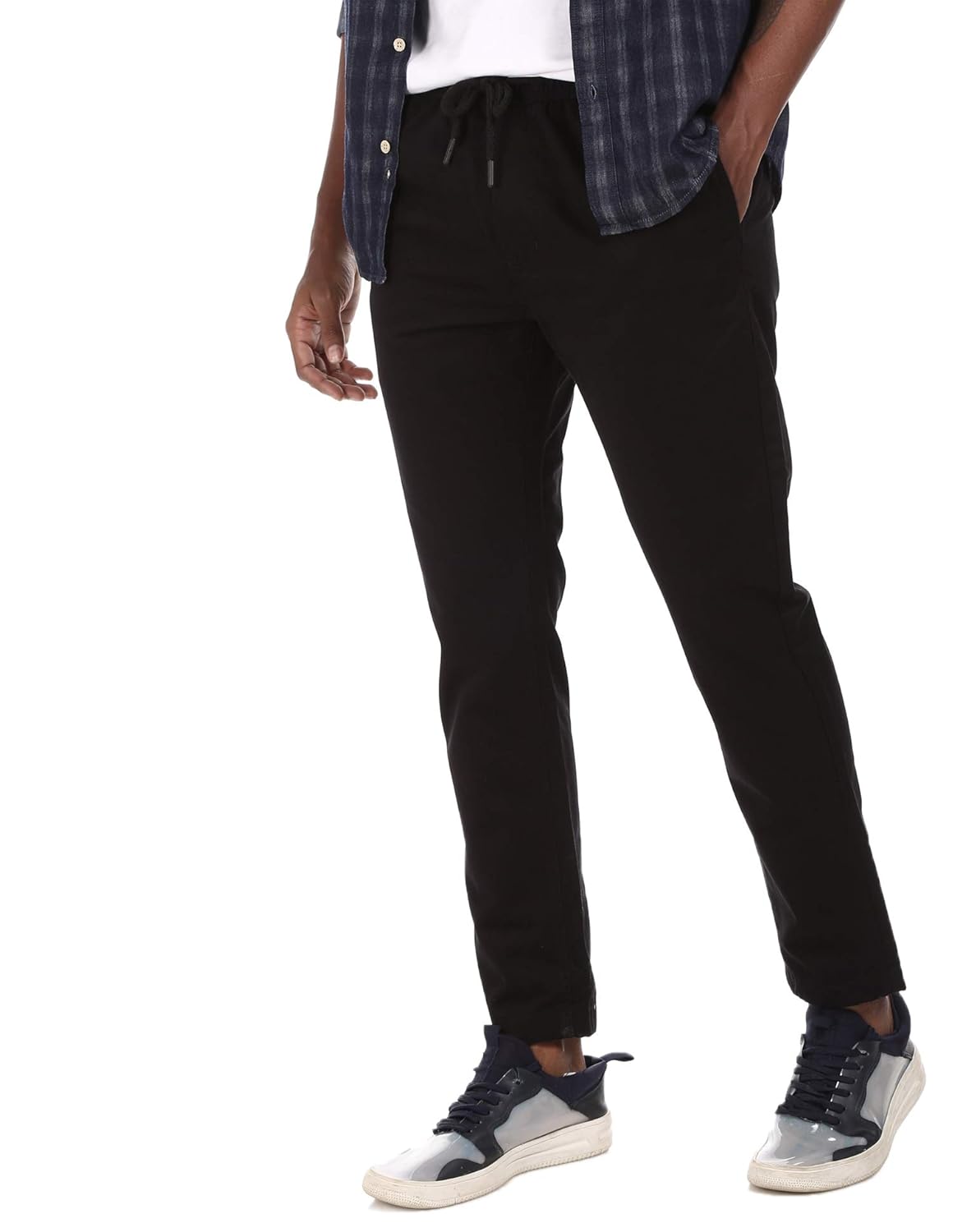 Buy Men Black Drawstring Waist Solid Casual Trousers Men's Men Black