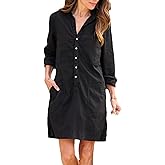 Zontroldy Women's Summer Collared Long Rolled Up Sleeve Button Down Cotton Shirt Dress Safari Dresses with Pockets