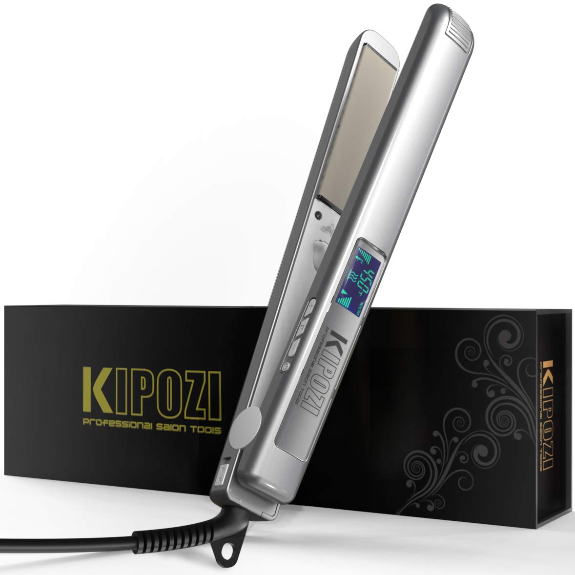 KIPOZI Professional Hair Straightener Nano-Titanium Flat Iron Anti-Frizz,1 Inch Straightening Iron with Adjustable Temperature Suitable for All Hair Types, Instant Heat Up and Dual Voltage, Silver