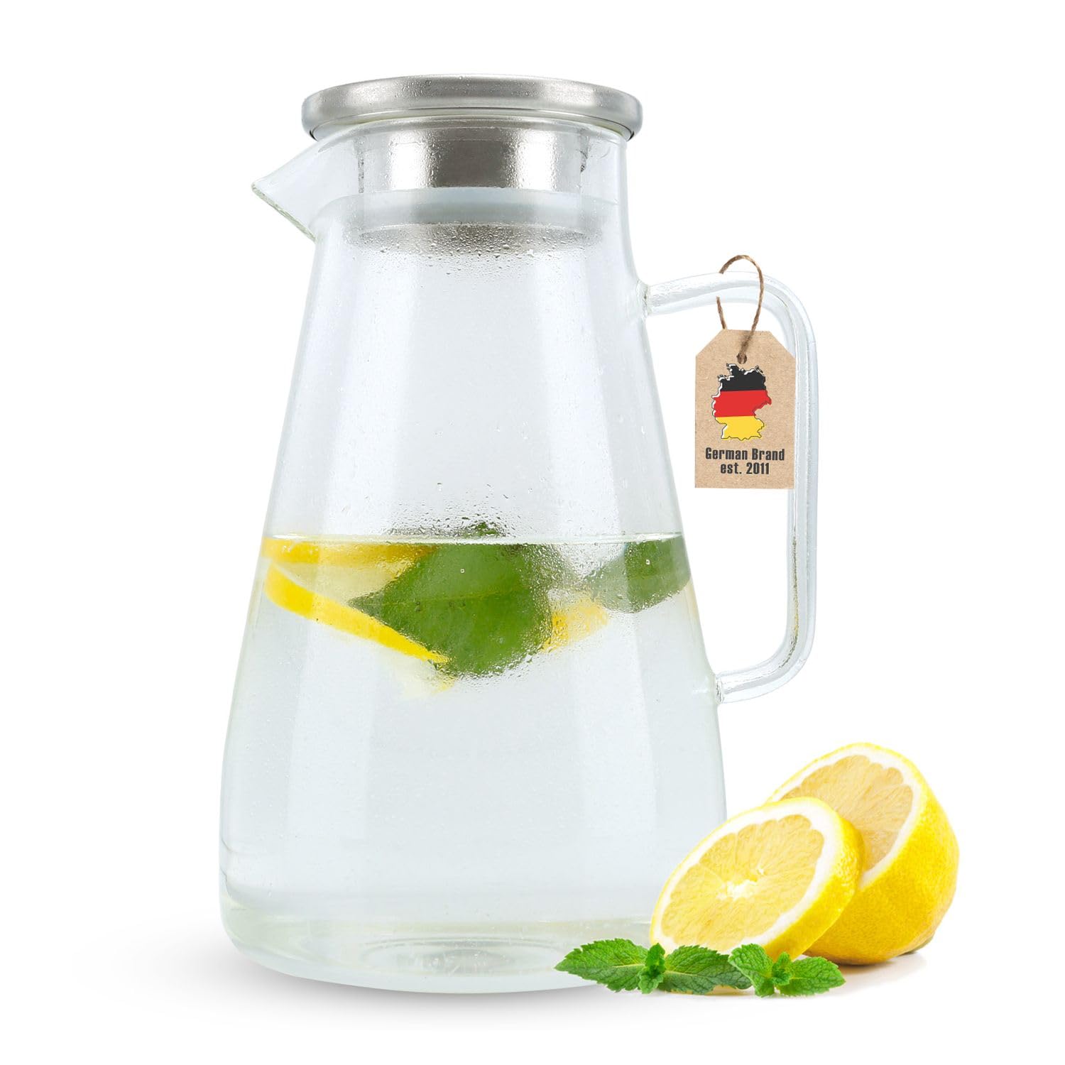 Intirilife glass carafe 1.8 litre - heat-resistant water jug made of borosilicate glass with stainless steel filter lid - dishwasher-safe - carafe for water, tea, coffee, juice, infused water, durable